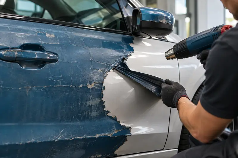 Installer peeling a satin grey vinyl wrap from a car door with a heat gun nearby