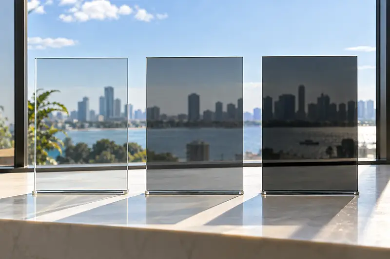 Three car window tint film samples, dyed, carbon and ceramic, held against a sunlit windshield