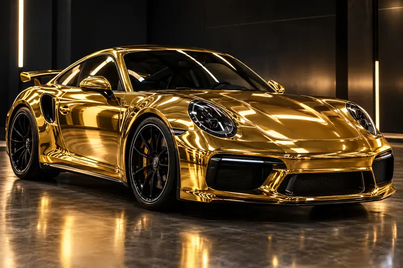 Sports car wrapped in mirror silver chrome vinyl reflecting a workshop ceiling