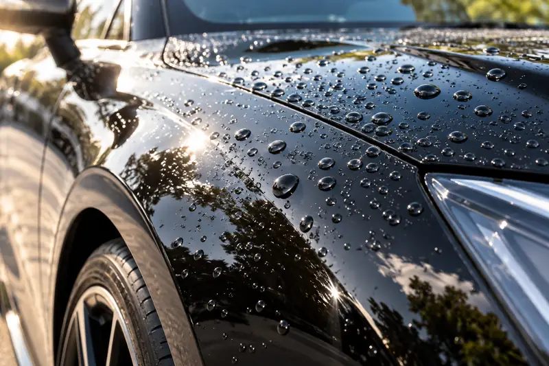 Detailer hand washing a car with clear paint protection film on the front bumper