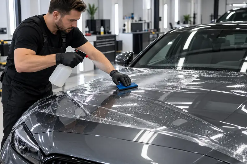 Installer pushing slip solution from under clear PPF on a white car hood with a squeegee