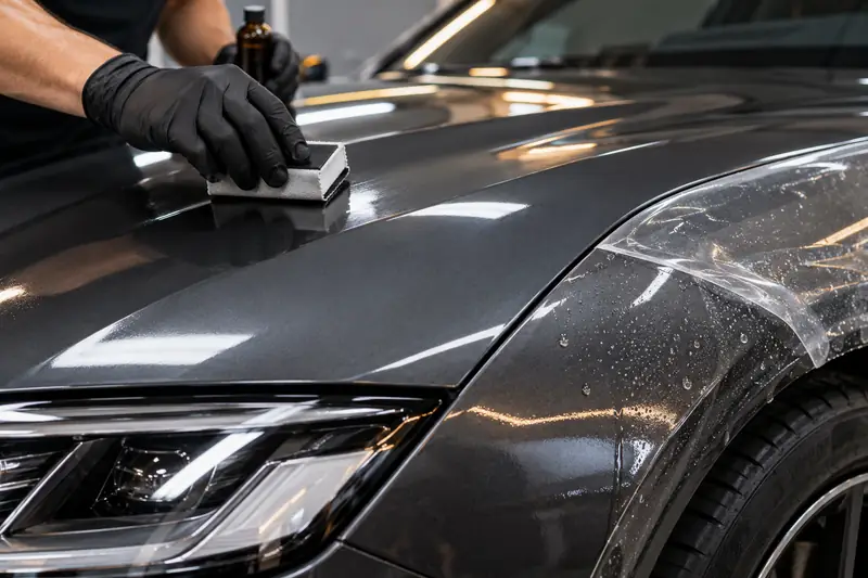 Detailer applying ceramic coating over fresh paint protection film on a car hood