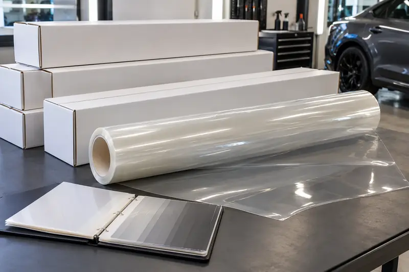 Branded boxes of clear and matte paint protection film rolls stacked in a distributor warehouse