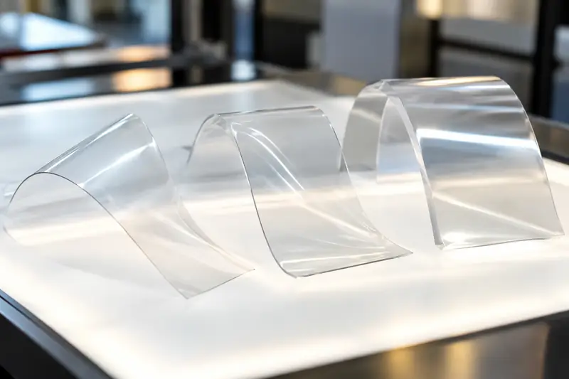 Three clear PPF samples labeled TPU, TPH and PVC side by side on a test panel