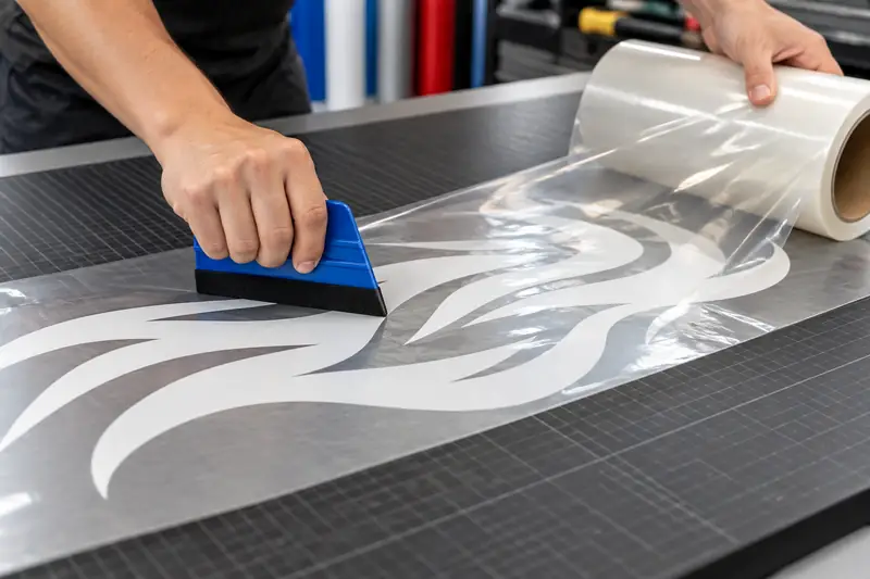 Clear gridded transfer tape being burnished over weeded white vinyl lettering with a squeegee
