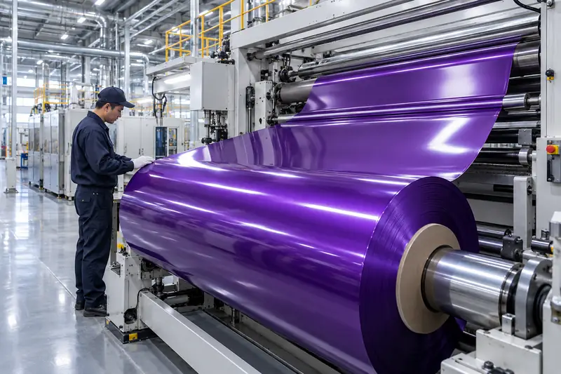 Rolls of colored vinyl wrap film on a factory slitting line ready for inspection