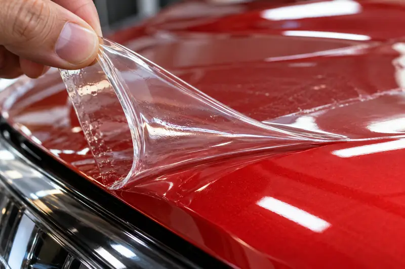 Installer squeegeeing clear paint protection film onto a wet front bumper in a bright studio