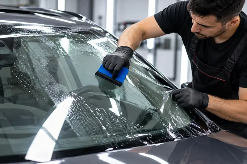 Installer spraying slip solution on a car windshield before laying clear protection film