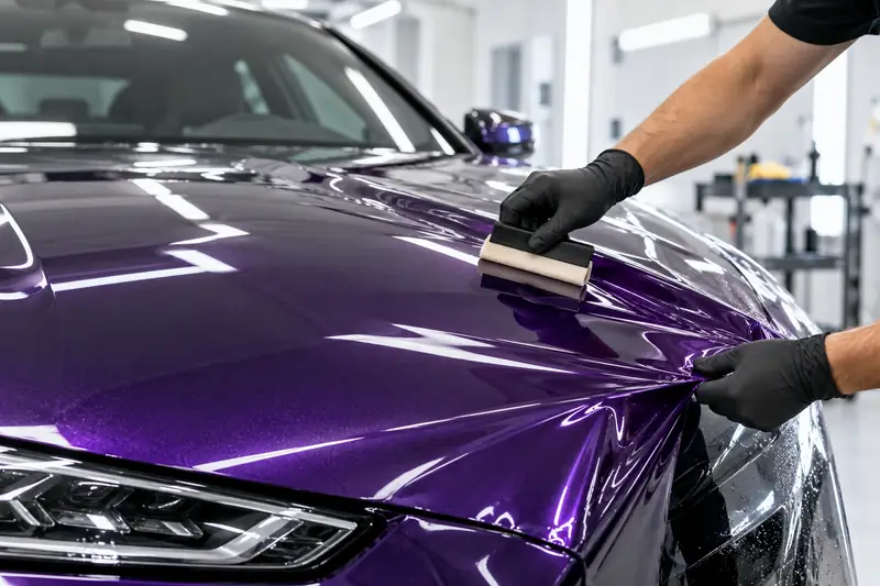 Installer squeegeeing glossy midnight purple color PPF onto a car hood
