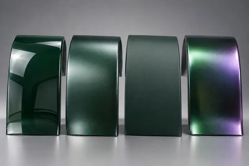 Four green sample panels in gloss, satin, matte and color-shift finishes