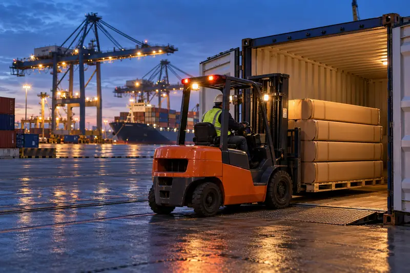 Forklift loading cartons of film rolls into a shipping container at a port at dusk