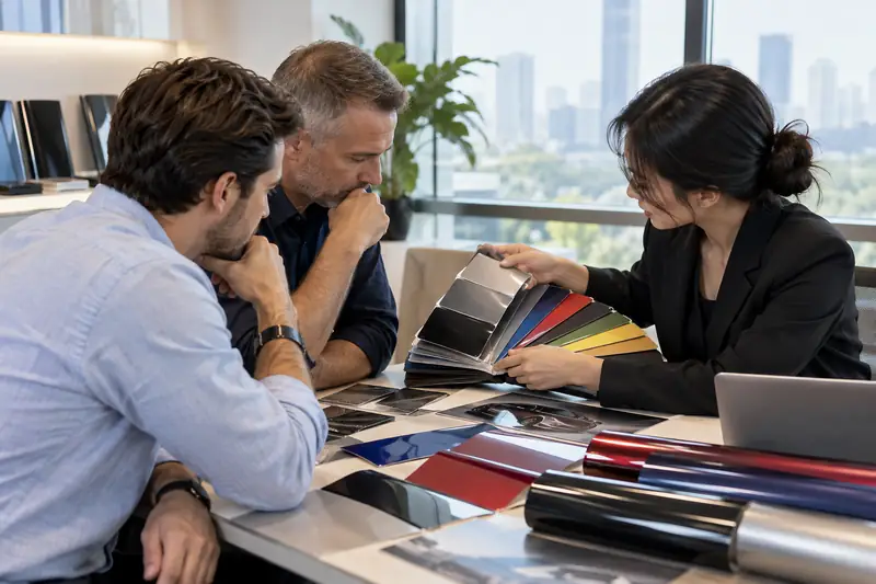 Buyers reviewing a swatch book with a sales engineer