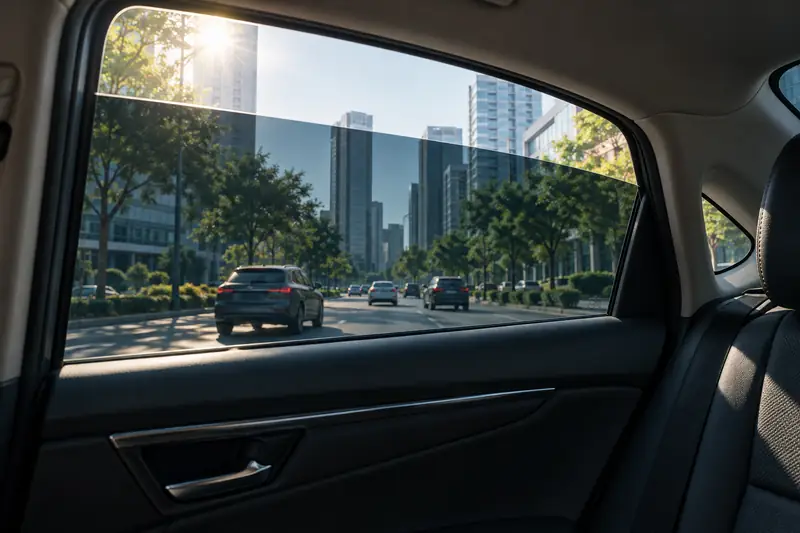 View through a tinted car side window with an untinted strip at the top